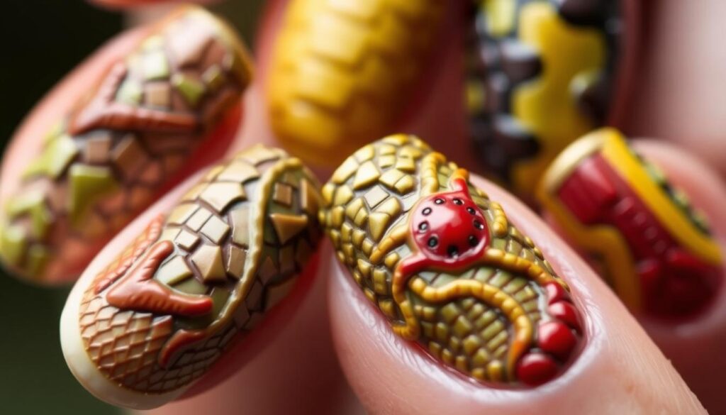 3D nail art with reptile-themed 3D designs